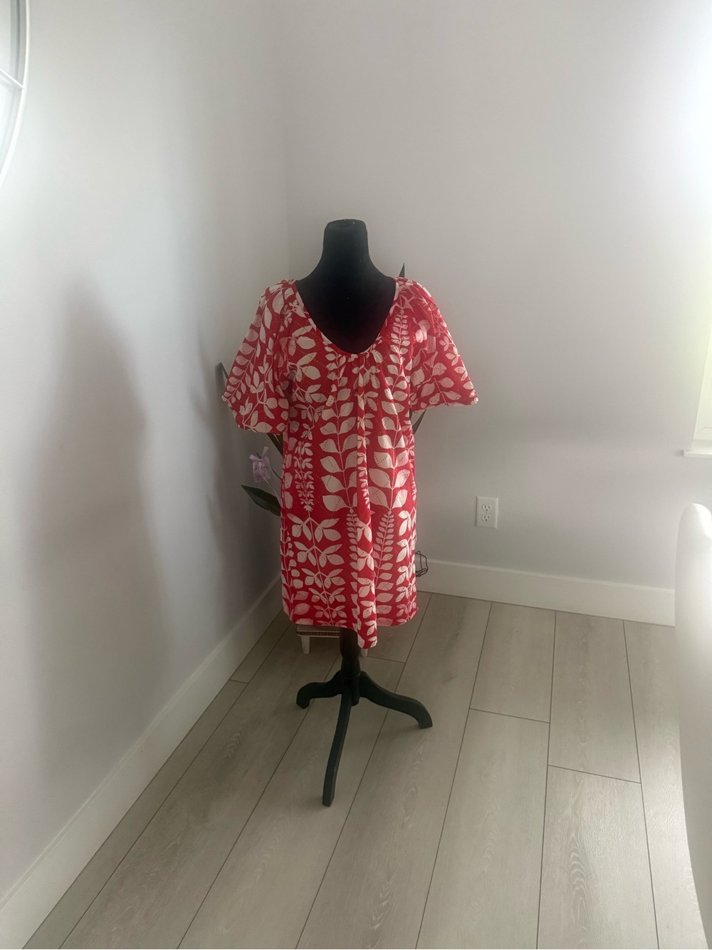 Red Leaf-Print V-Neck Women’s Dress#A1